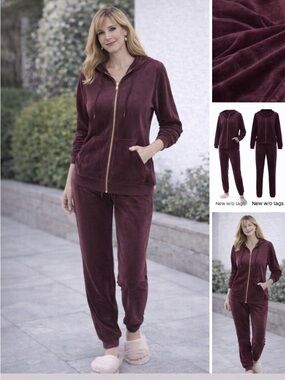 Felina Velour Tracksuit Set Burgundy Hoodie Joggers Cozy Lounge M
